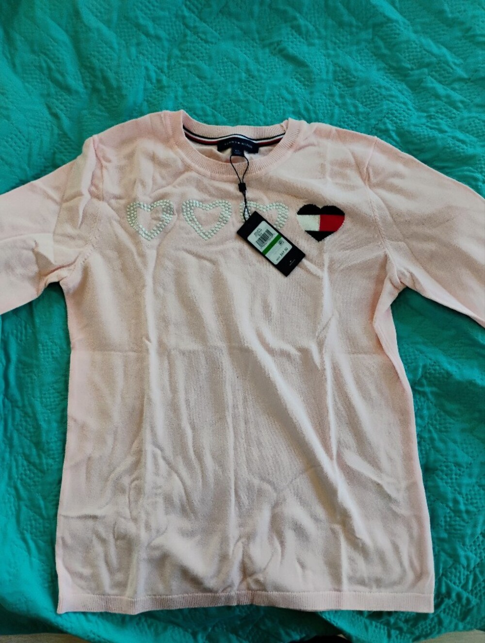 Tommy Hilfiger Pale Pink Long Sleeve Sweater with Pearl Hearts